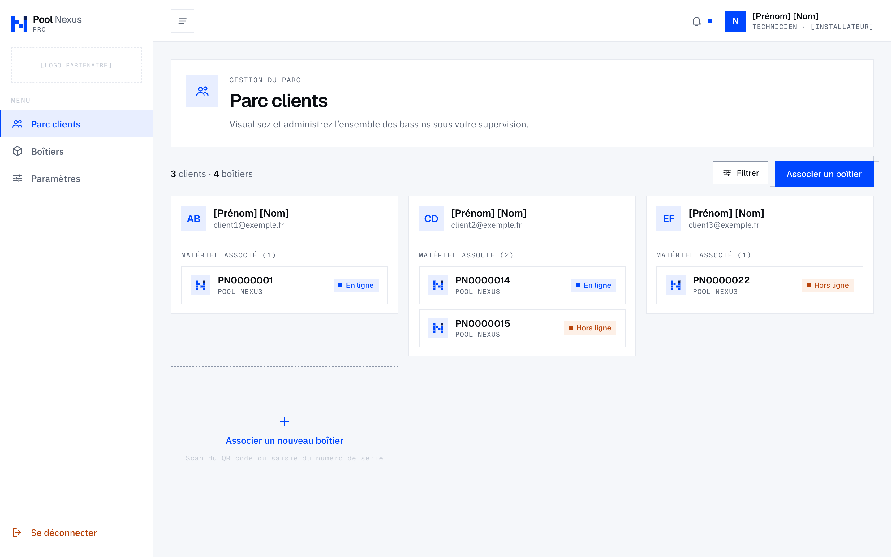Tableau de bord Pool Nexus Pro : le parc clients